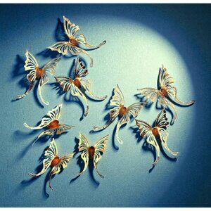 Vintage 1960s Brass & Teak Butterfly Wall Art Set of 9 MCM Danish Modern Decor